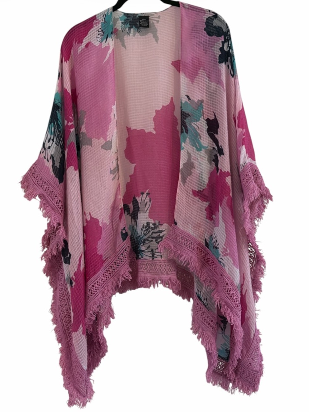 Pink Floral Open-Front Fringed Kimono Cardigan - Picture 2 of 6